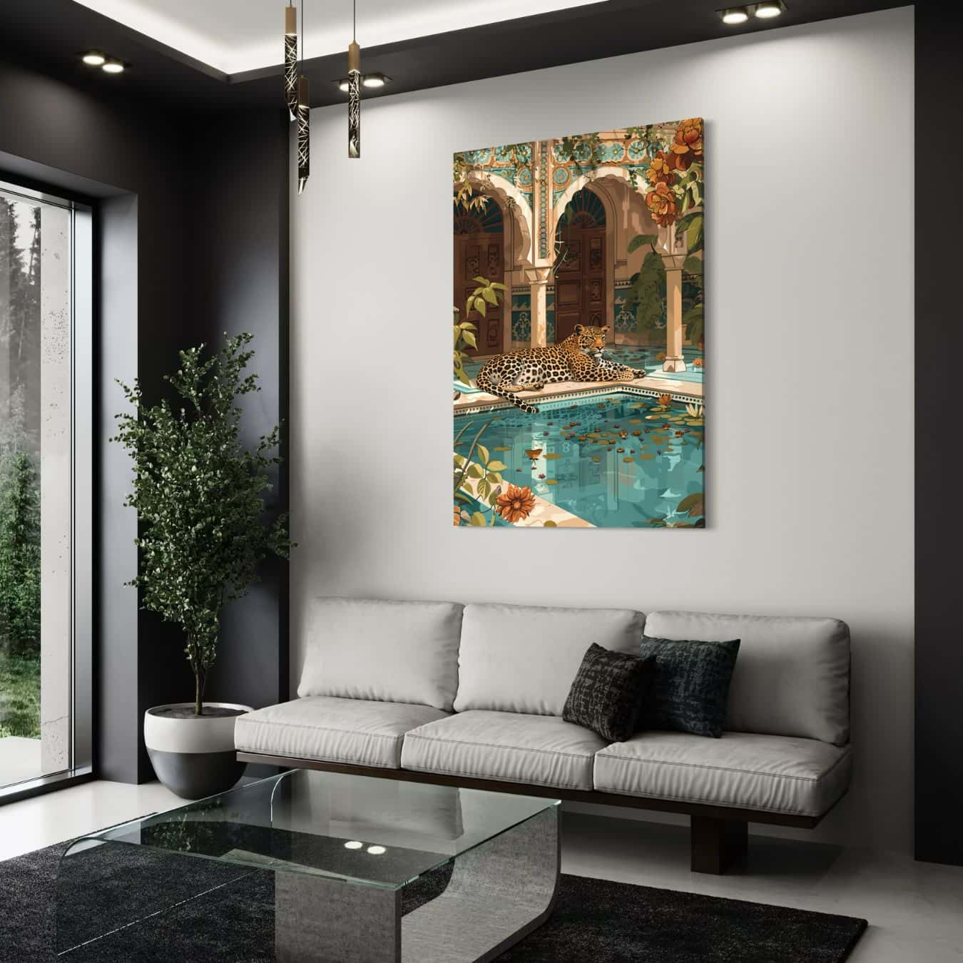 Schilderij van een luipaard bij een turquoise zwembad in een modern interieur 