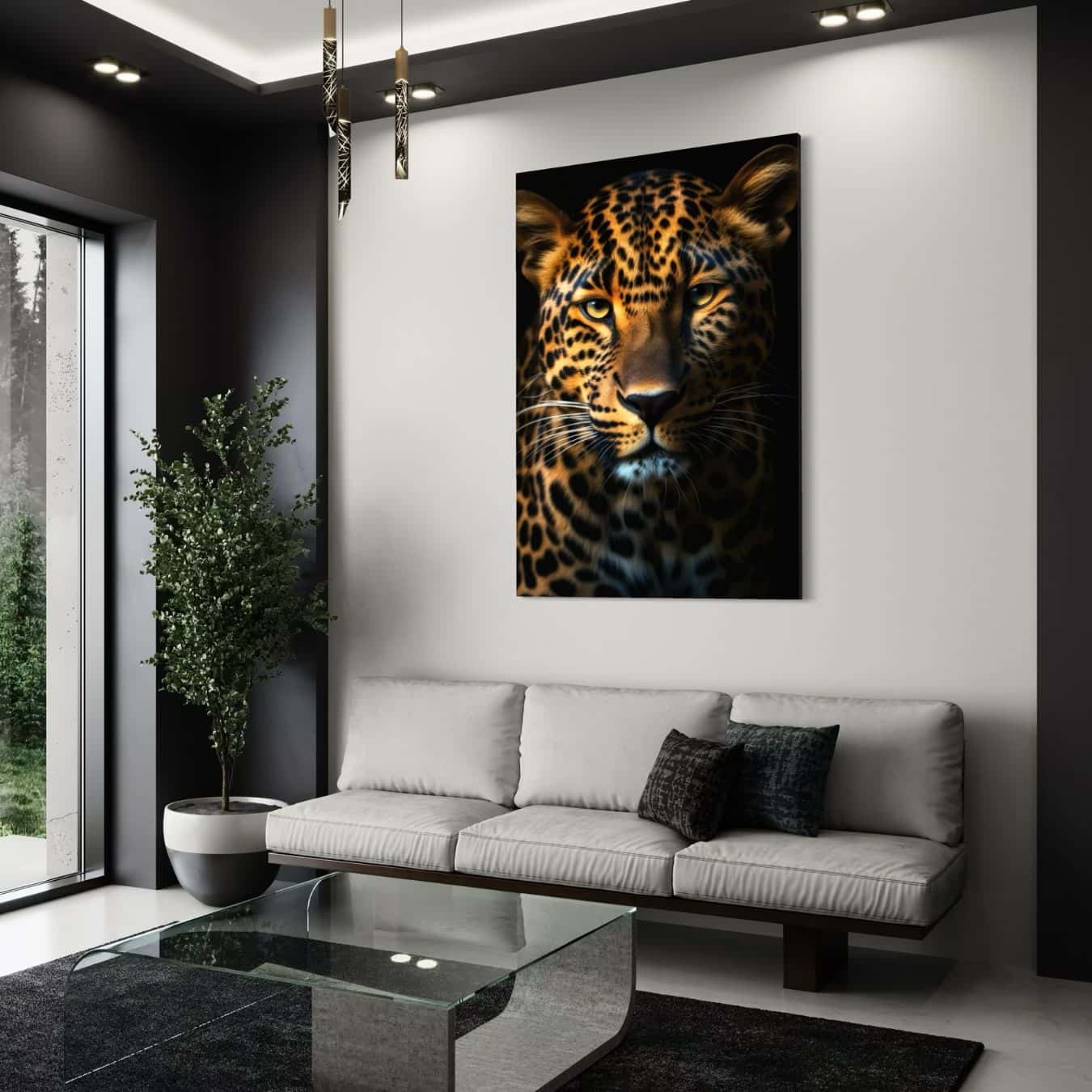 Canvas schilderij van luipaard als stijlvolle wanddecoratie in modern interieur