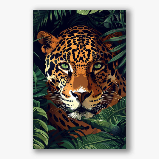 Kleurrijk schilderij van een luipaard met groene ogen in tropisch bladerdek als stijlvolle wanddecoratie