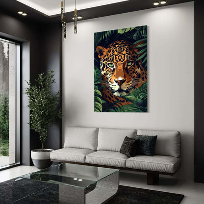 Luipaard schilderij in modern interieur met strakke bank en glazen tafel, ideaal voor luxe wanddecoratie
