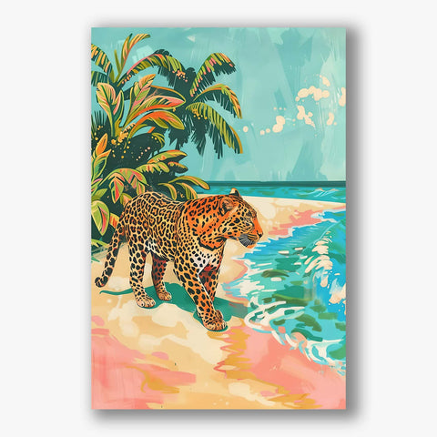 Tropisch schilderij van een luipaard wandelend langs een kleurrijk strand met palmbomen