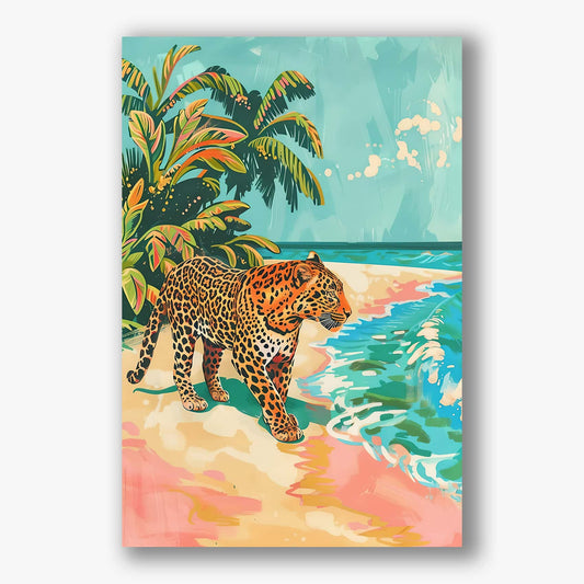 Tropisch schilderij van een luipaard wandelend langs een kleurrijk strand met palmbomen