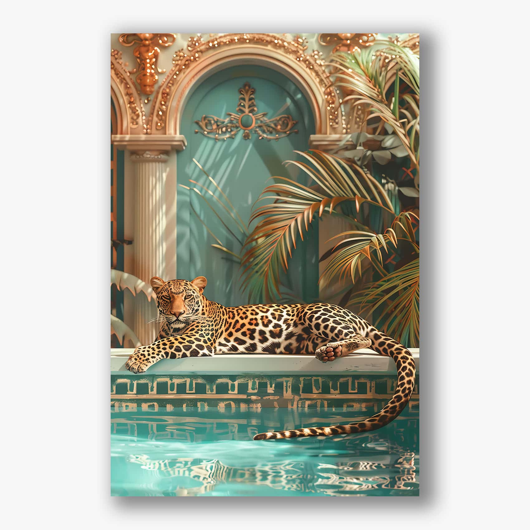 Stijlvol schilderij van een luipaard rustend bij een turquoise zwembad