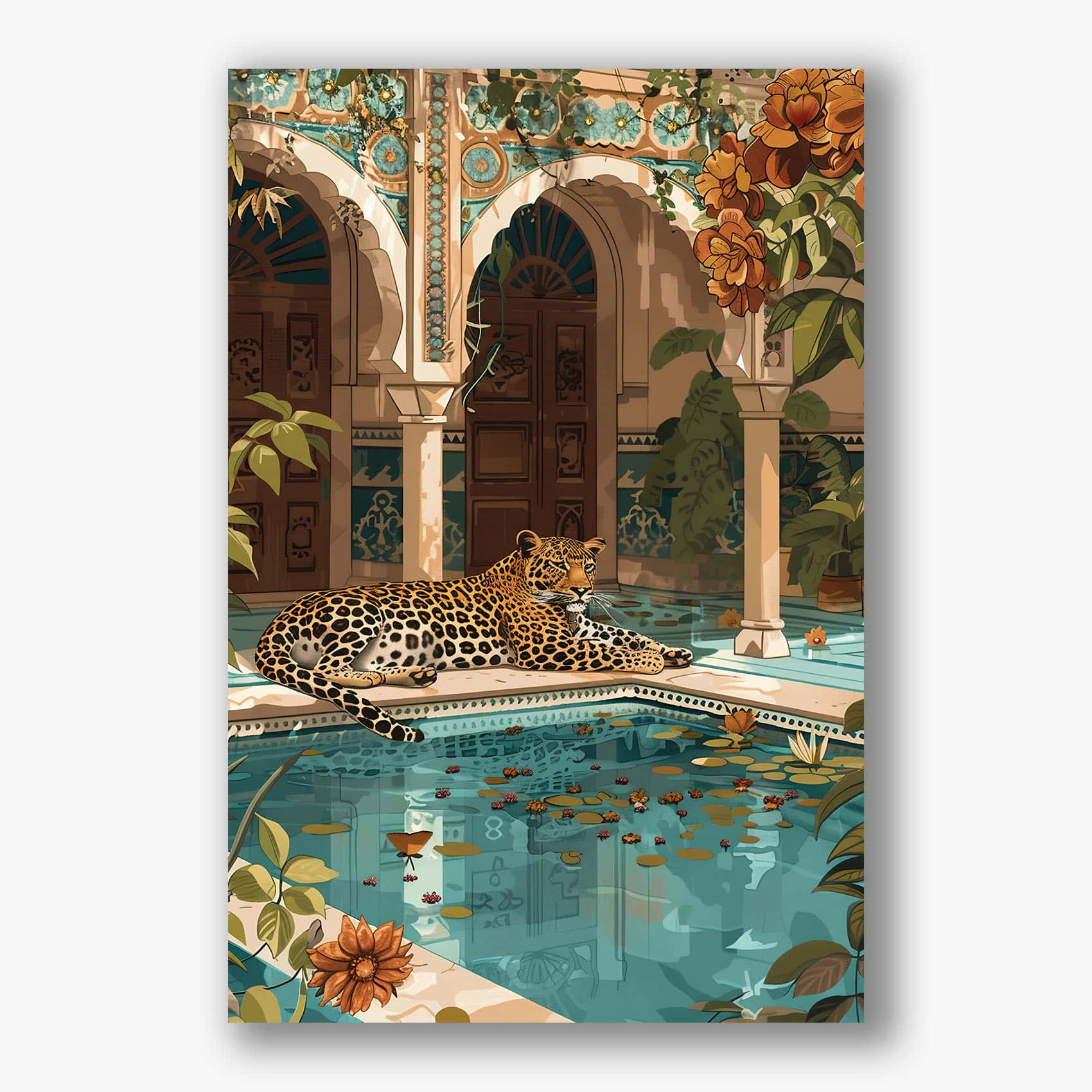 Artistiek schilderij van een luipaard rustend aan een zwembad met oriëntaalse architectuur