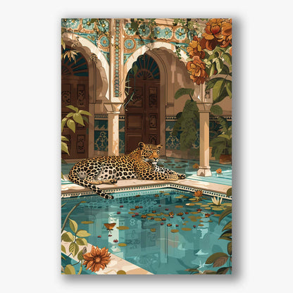 Artistiek schilderij van een luipaard rustend aan een zwembad met oriëntaalse architectuur