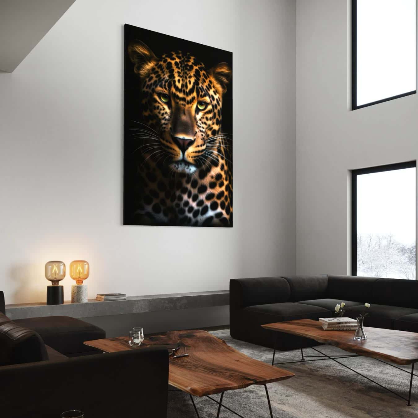 Dibond muurdecoratie luipaard als krachtig kunstwerk voor strak modern interieur