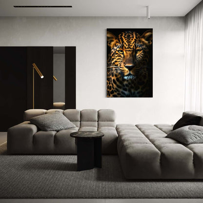 Dibond schilderij met luipaard als luxe muurdecoratie voor moderne slaapkamer inrichting