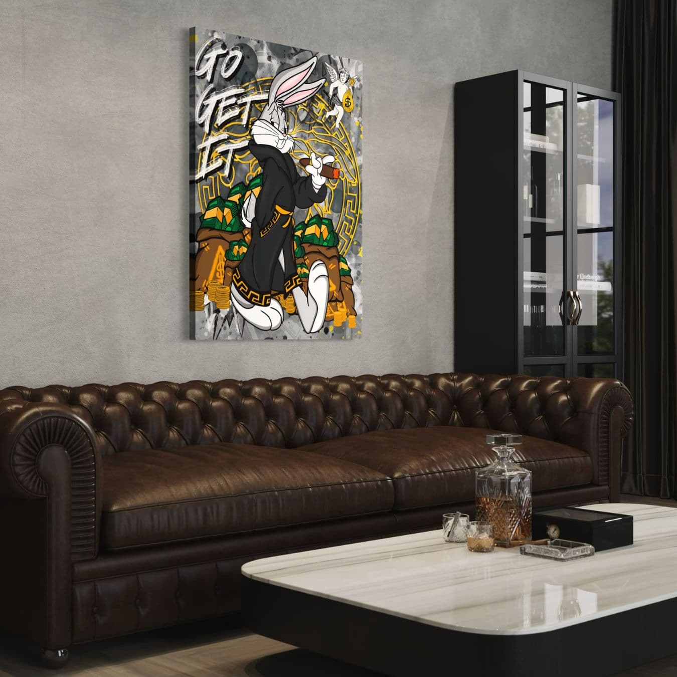 Luxe wanddecoratie van Bugs Bunny op dibond in chique interieur