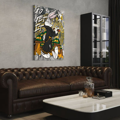 Luxe wanddecoratie van Bugs Bunny op dibond in chique interieur