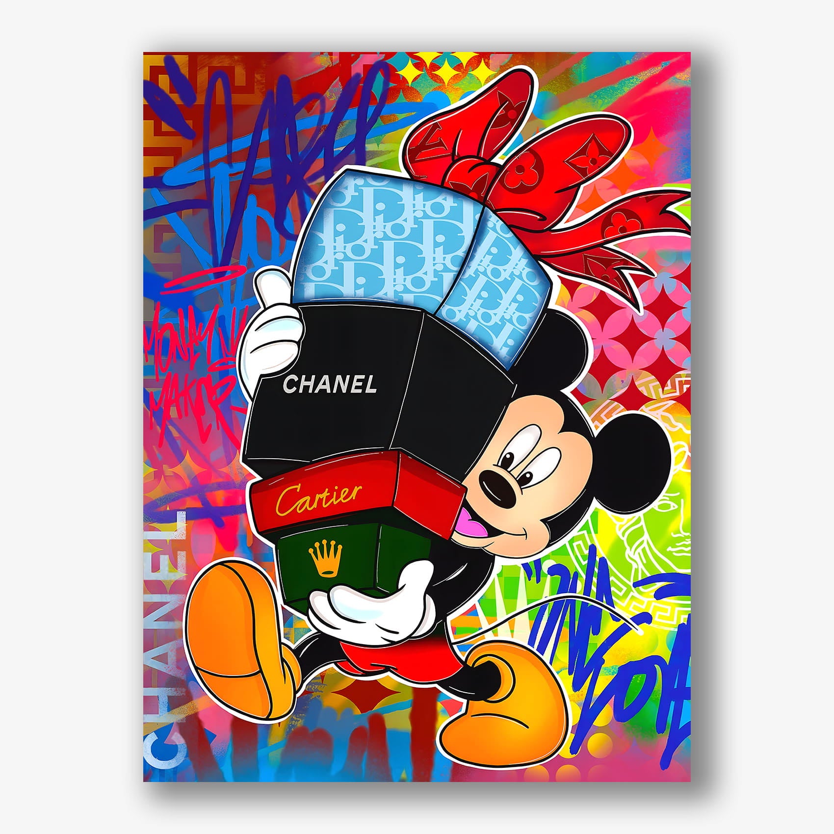 Popart schilderij van Mickey met luxe cadeaus op canvas