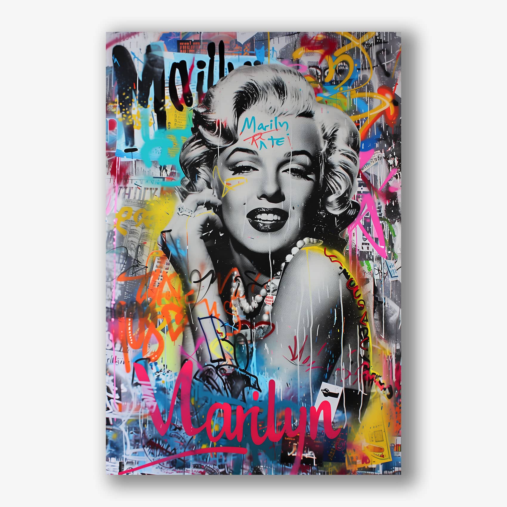 Graffiti stijl canvas schilderij van Marilyn Monroe met felle kleuren.