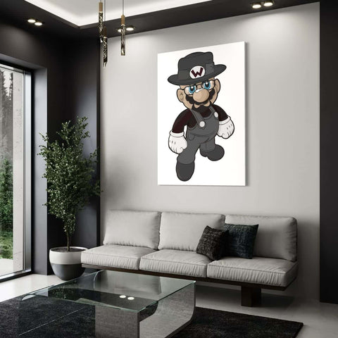 Zwart-wit wandkunst met cartoonfiguur in stijlvolle moderne woonkamer