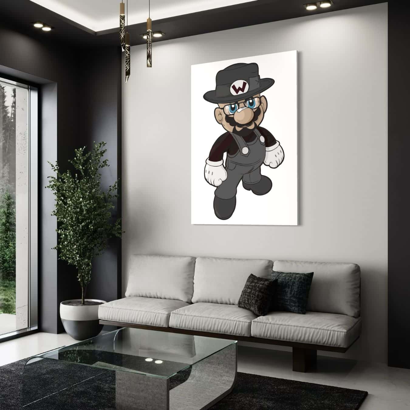 Zwart-wit wandkunst met cartoonfiguur in stijlvolle moderne woonkamer