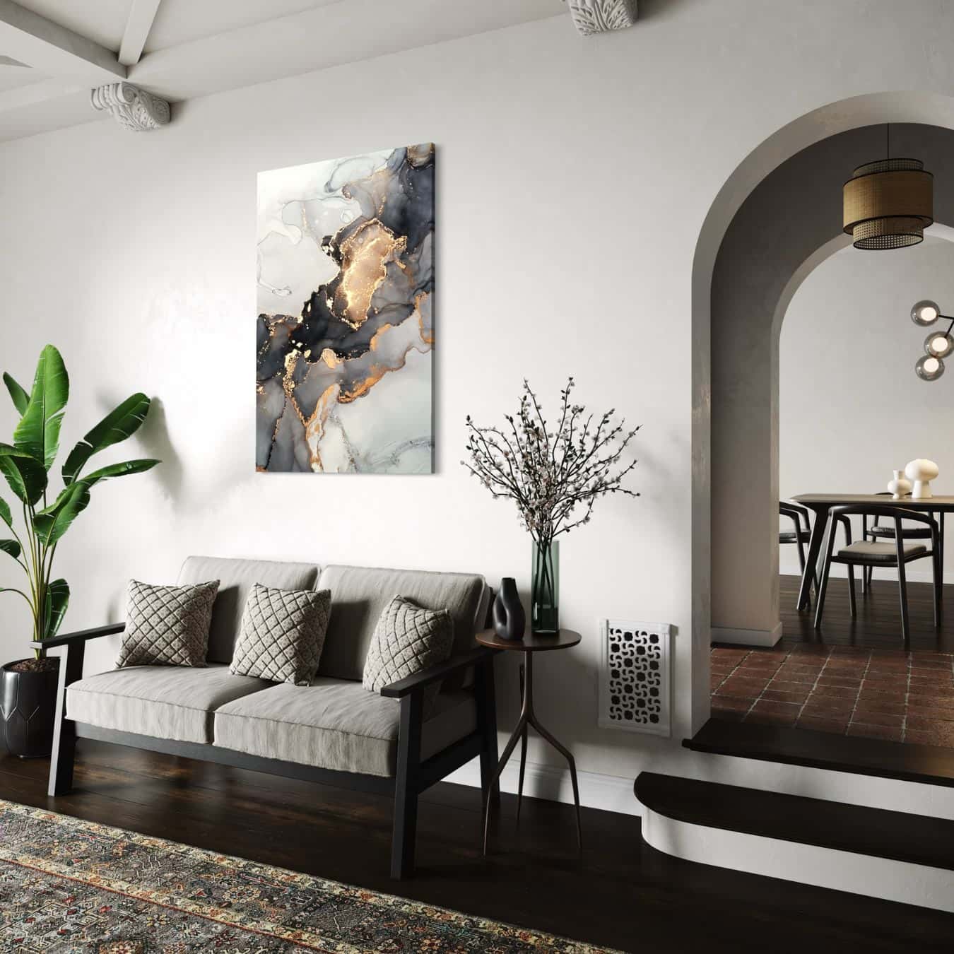 marmer abstract schilderij in mooi witte woonkamer met kamerplant