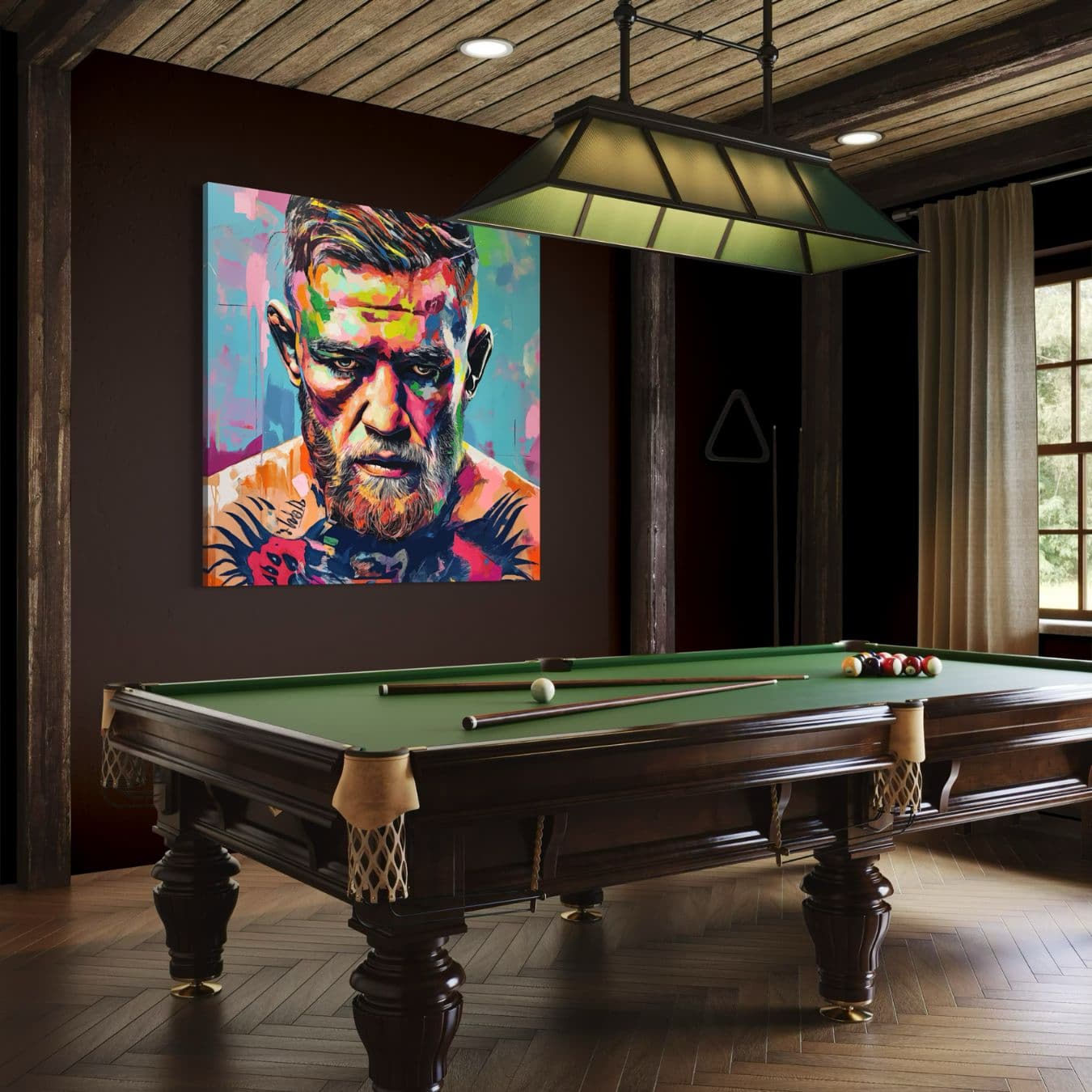 Popart schilderij van McGregor op dibond in klassieke biljartkamer.