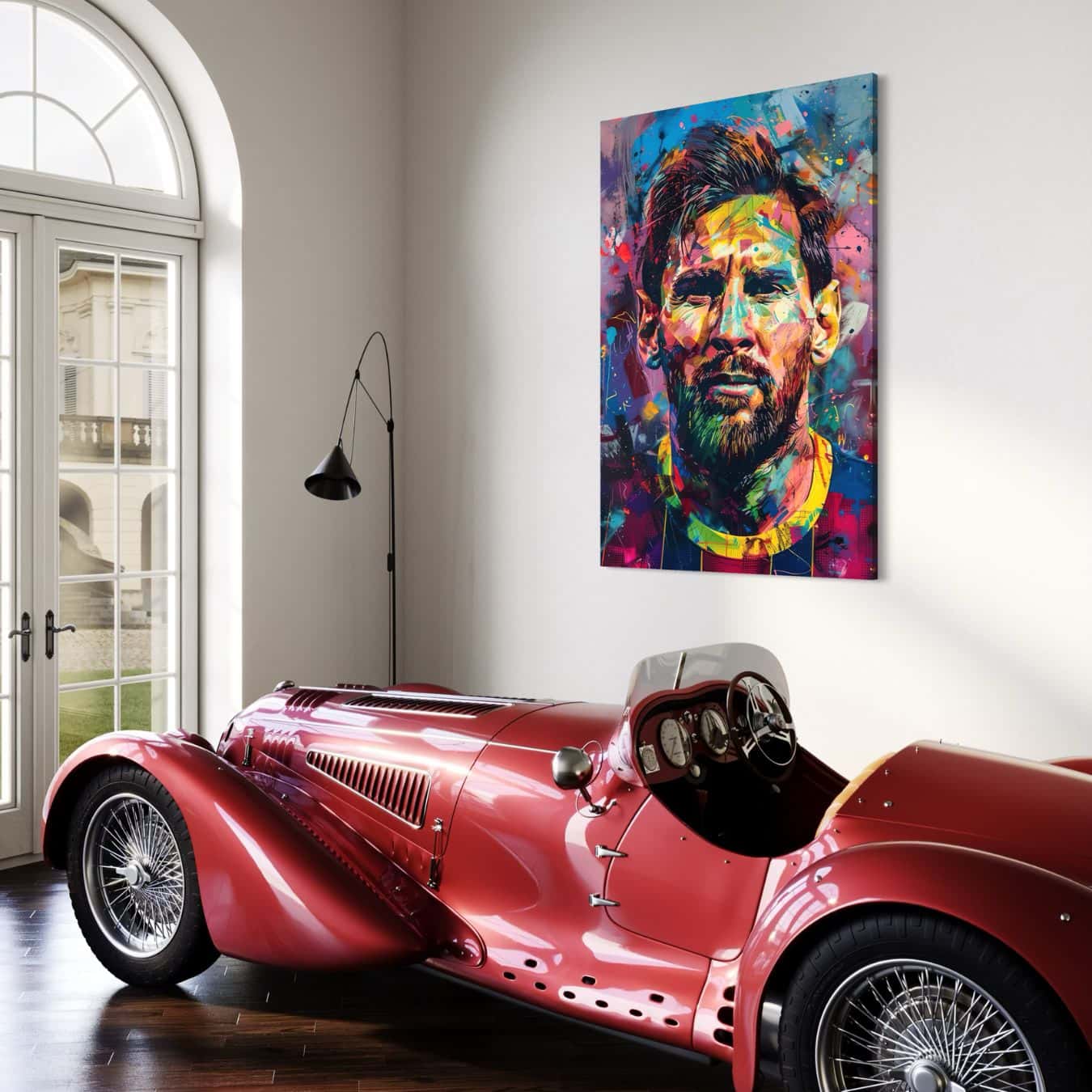 Kleurrijk portret van Lionel Messi als wanddecoratie boven een rode oldtimer 