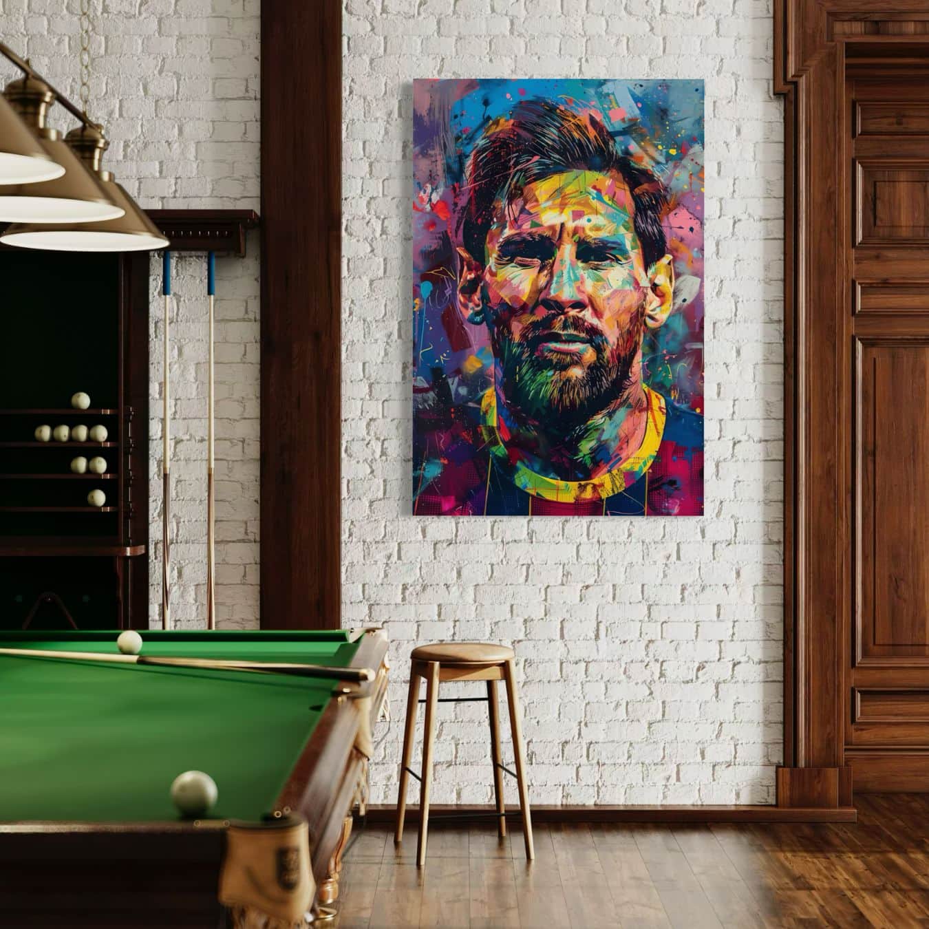Kleurrijk portret van Lionel Messi in moderne kunststijl met levendige penseelstreken.
