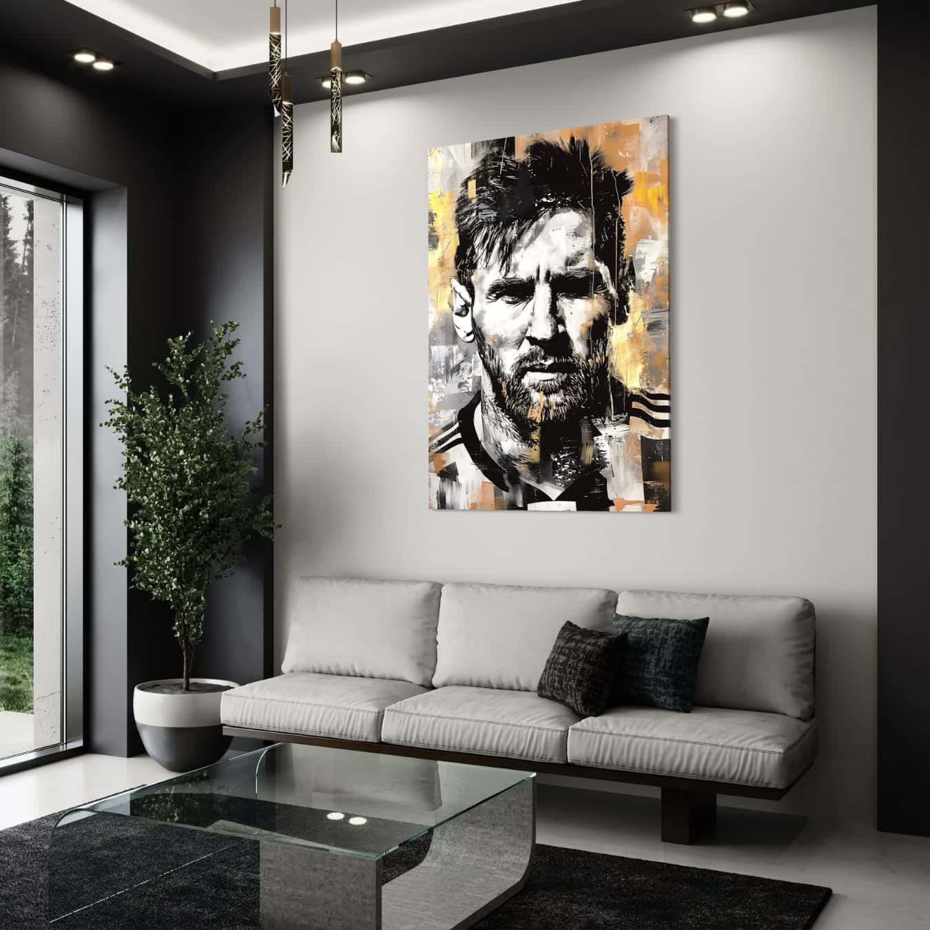 Plexiglas schilderij Messi als wanddecoratie in licht interieur.