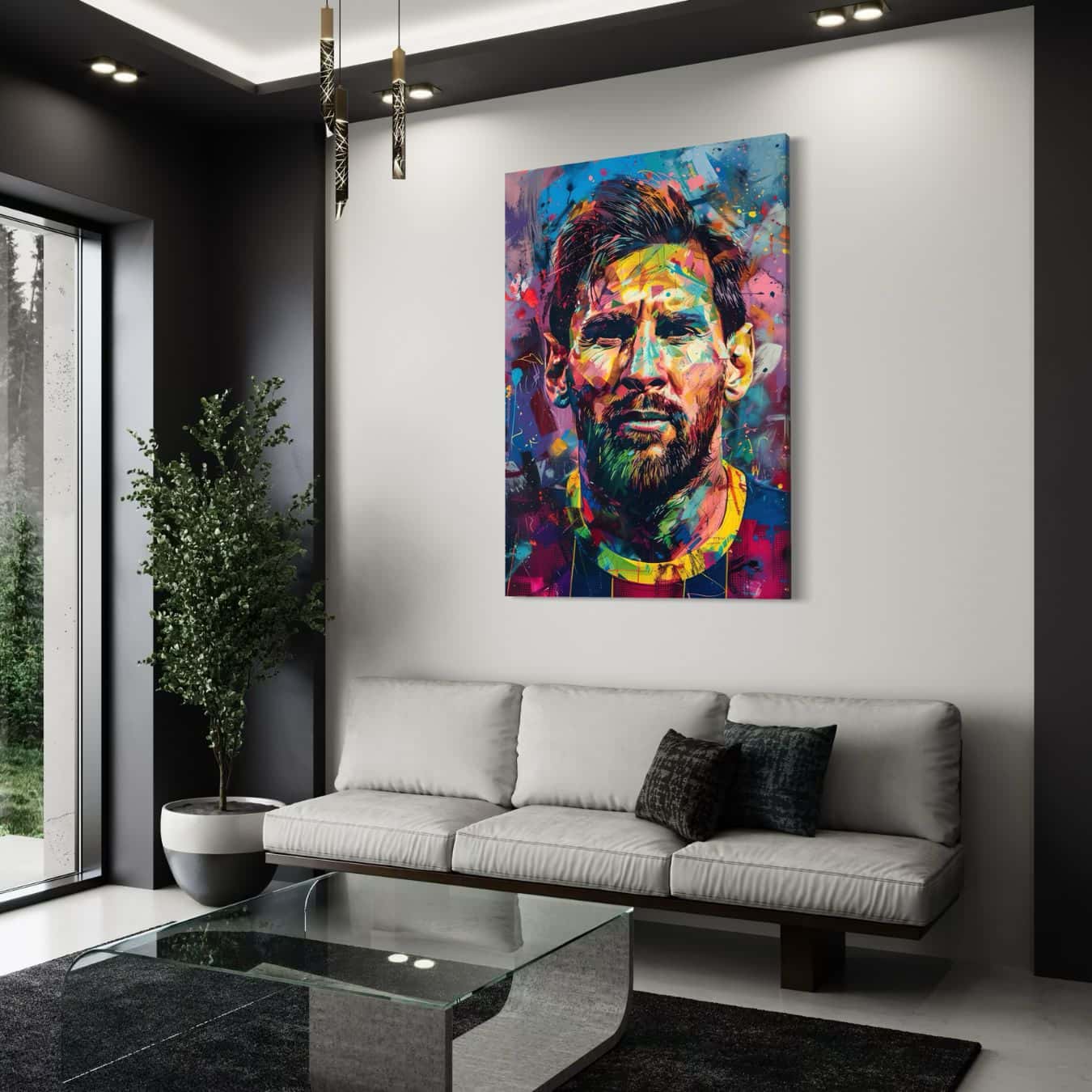 Expressief schilderij van Lionel Messi als eyecatcher boven een witte designbank 