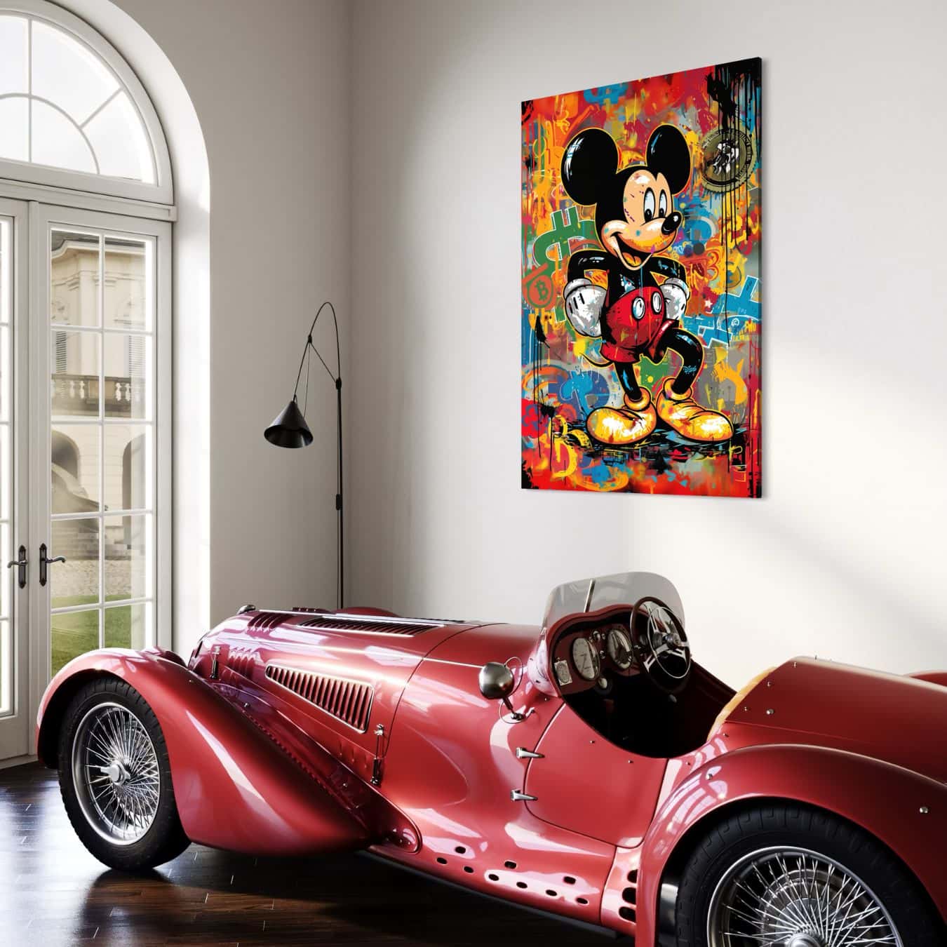 Mickey muurdecoratie op plexiglas in woonkamer met klassieke auto.