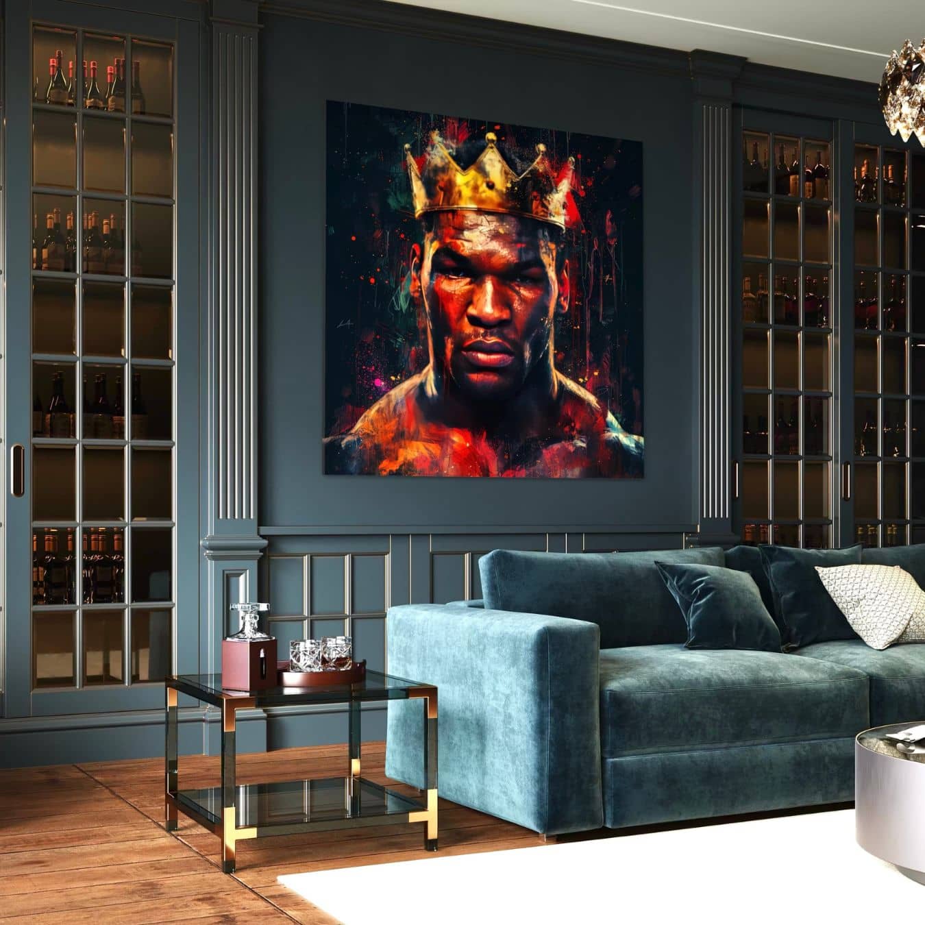 Canvas schilderij van bokser met gouden kroon in luxe woonkamer