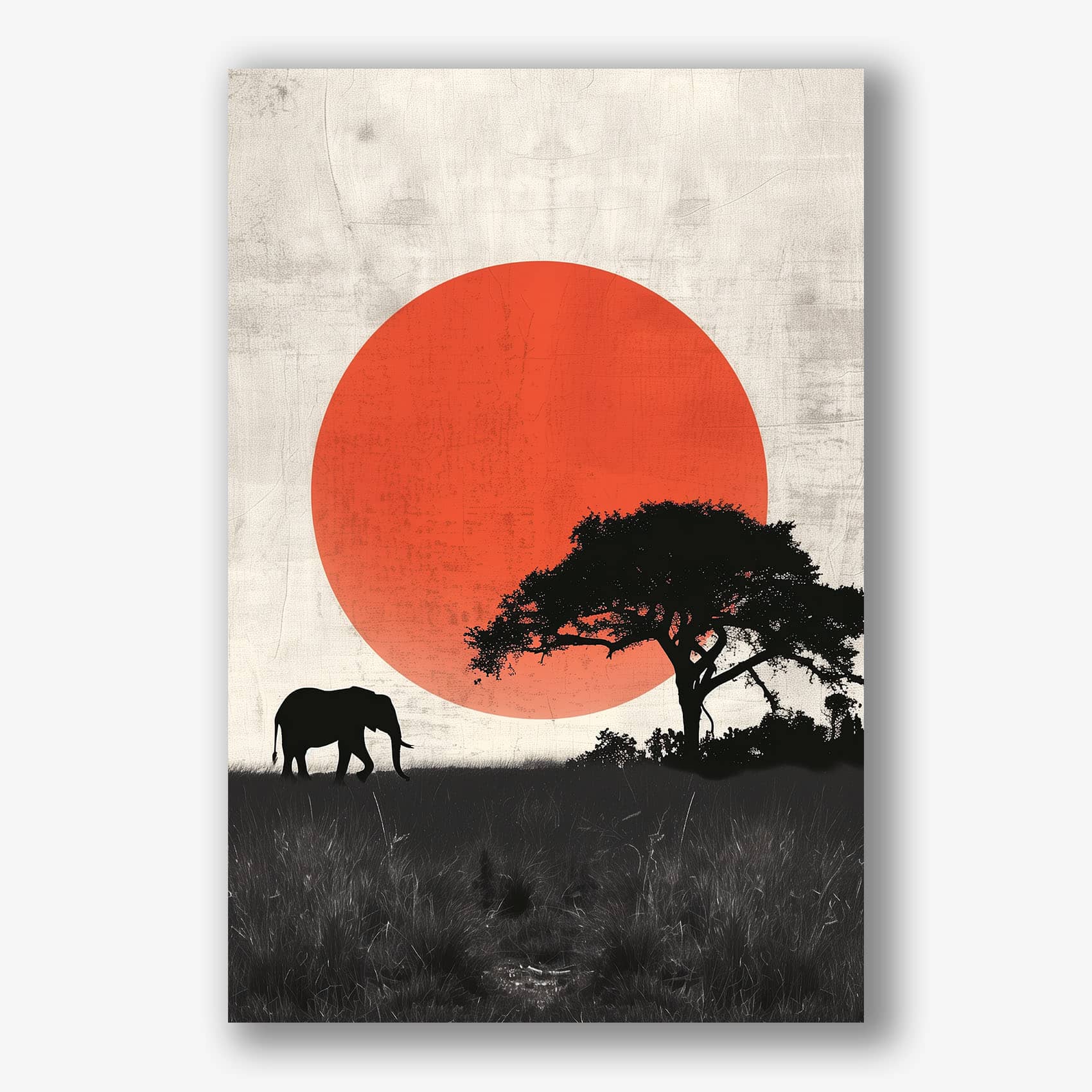 Minimalistisch kunstwerk van olifant en boom in silhouet tegen rode zon op neutrale achtergrond
