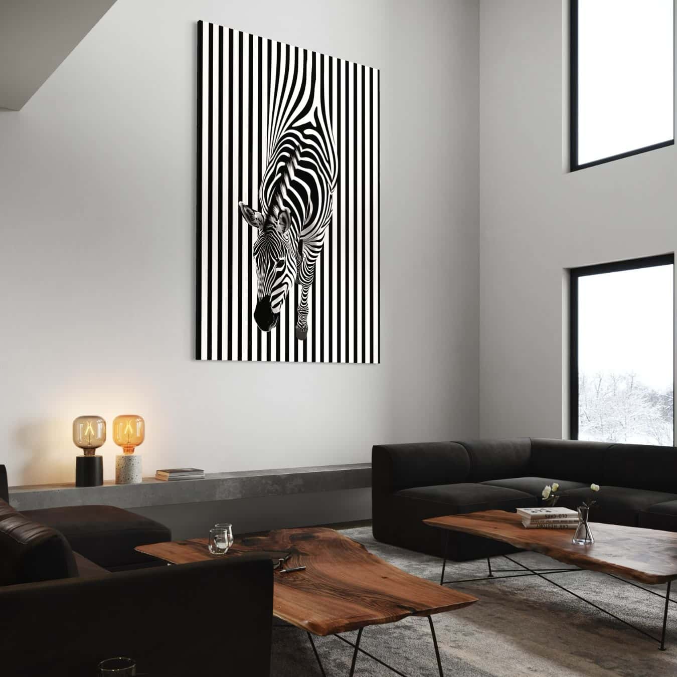 Modern zebra schilderij met zwart-wit strepen en optisch effect