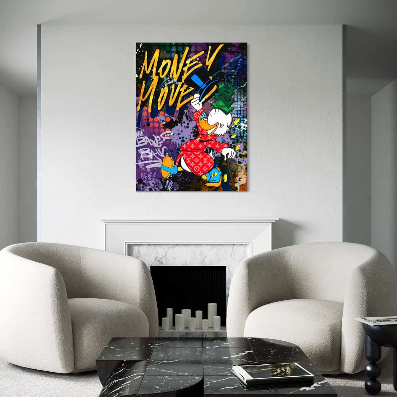 Popart schilderij met Dagobert Duck op dibond met graffiti effect