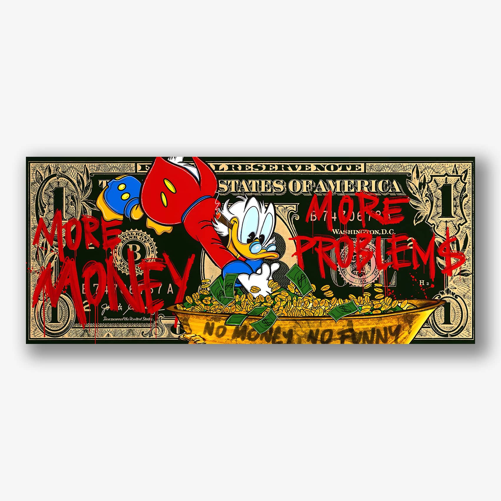 Schilderij met cartoonfiguur in bad vol geld op dollarbiljet achtergrond