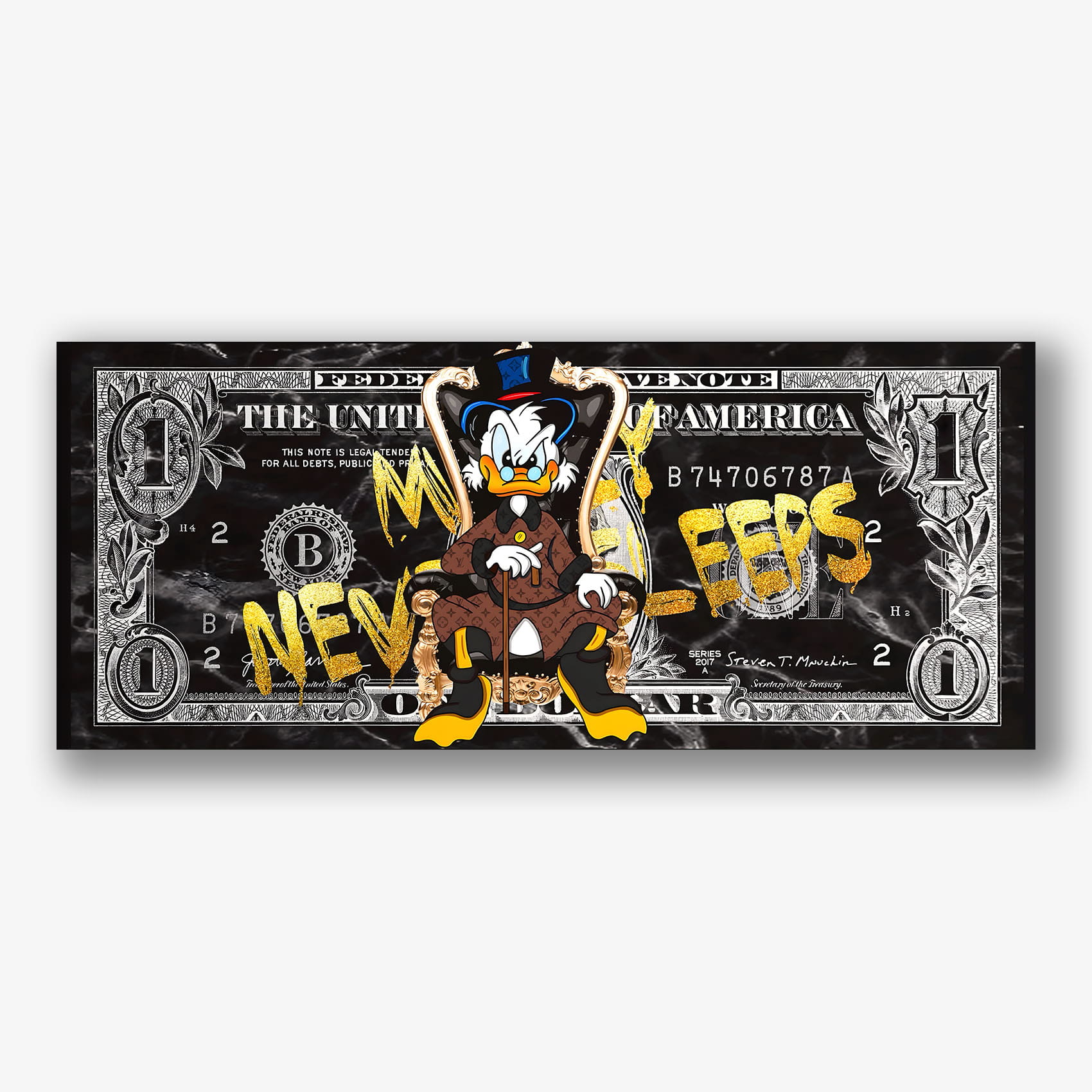 Schilderij met rijke cartoon eend op troon en tekst money never sleeps