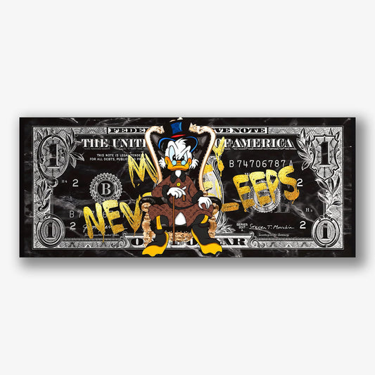 Schilderij met rijke cartoon eend op troon en tekst money never sleeps