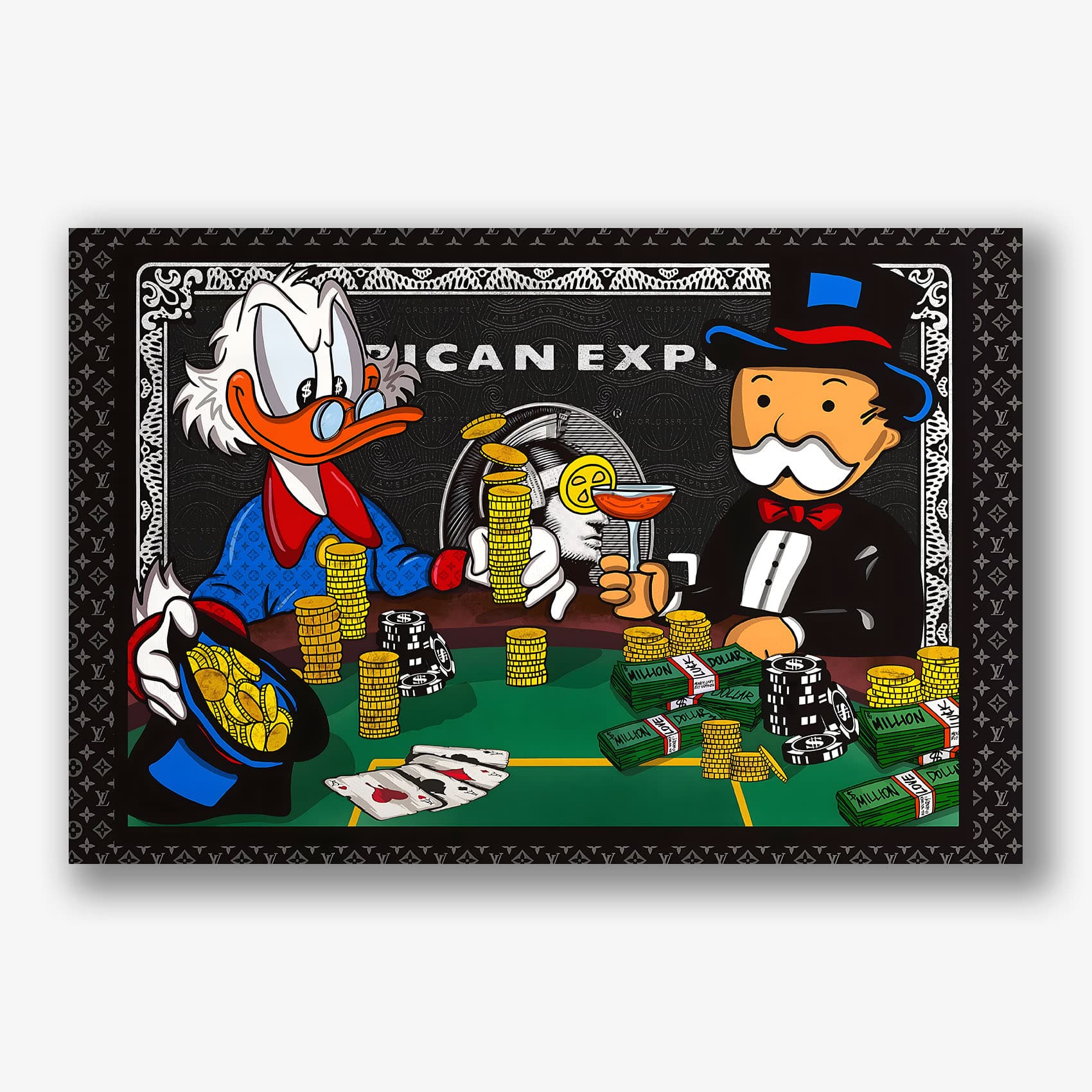 Kleurrijk schilderij met Monopoly-man en Dagobert Duck aan pokertafel