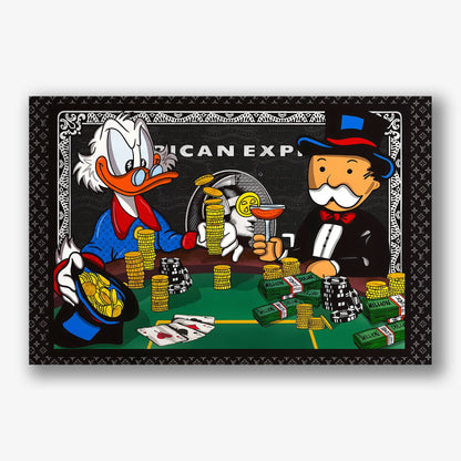 Kleurrijk schilderij met Monopoly-man en Dagobert Duck aan pokertafel