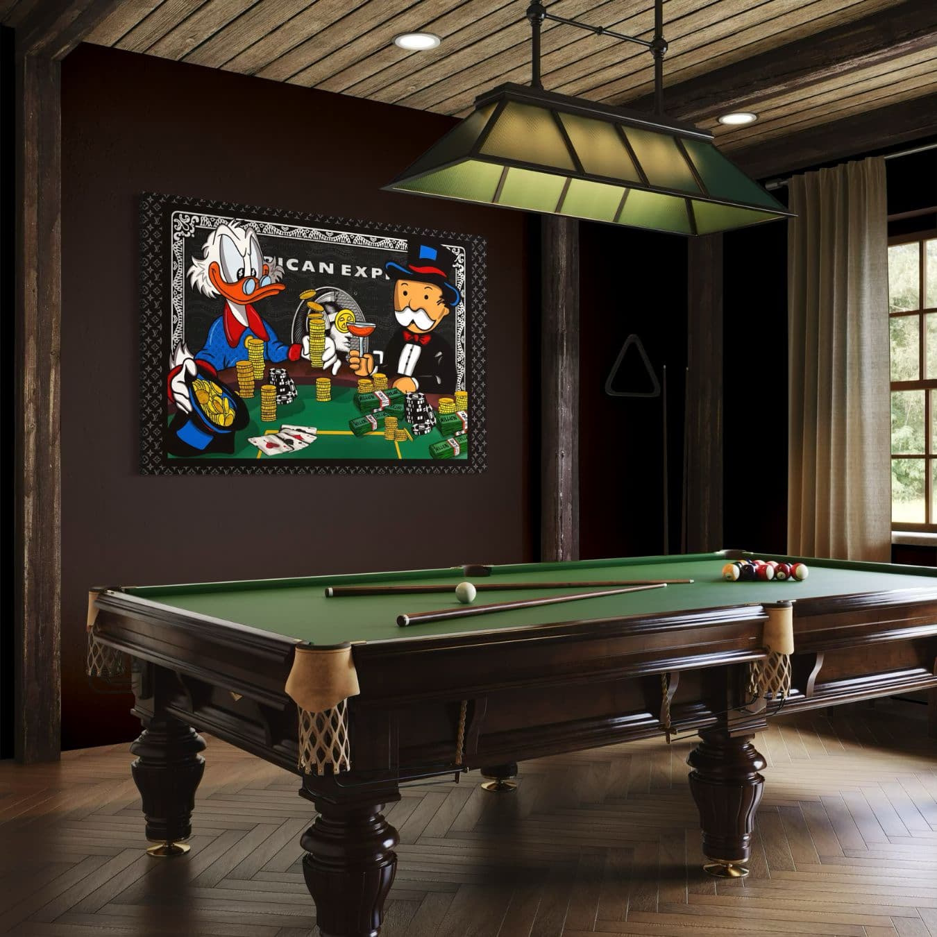 Geldthema schilderij in luxe mancave boven klassieke biljarttafel interieur