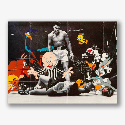 Canvas schilderij van Muhammad Ali met Looney Tunes figuren.