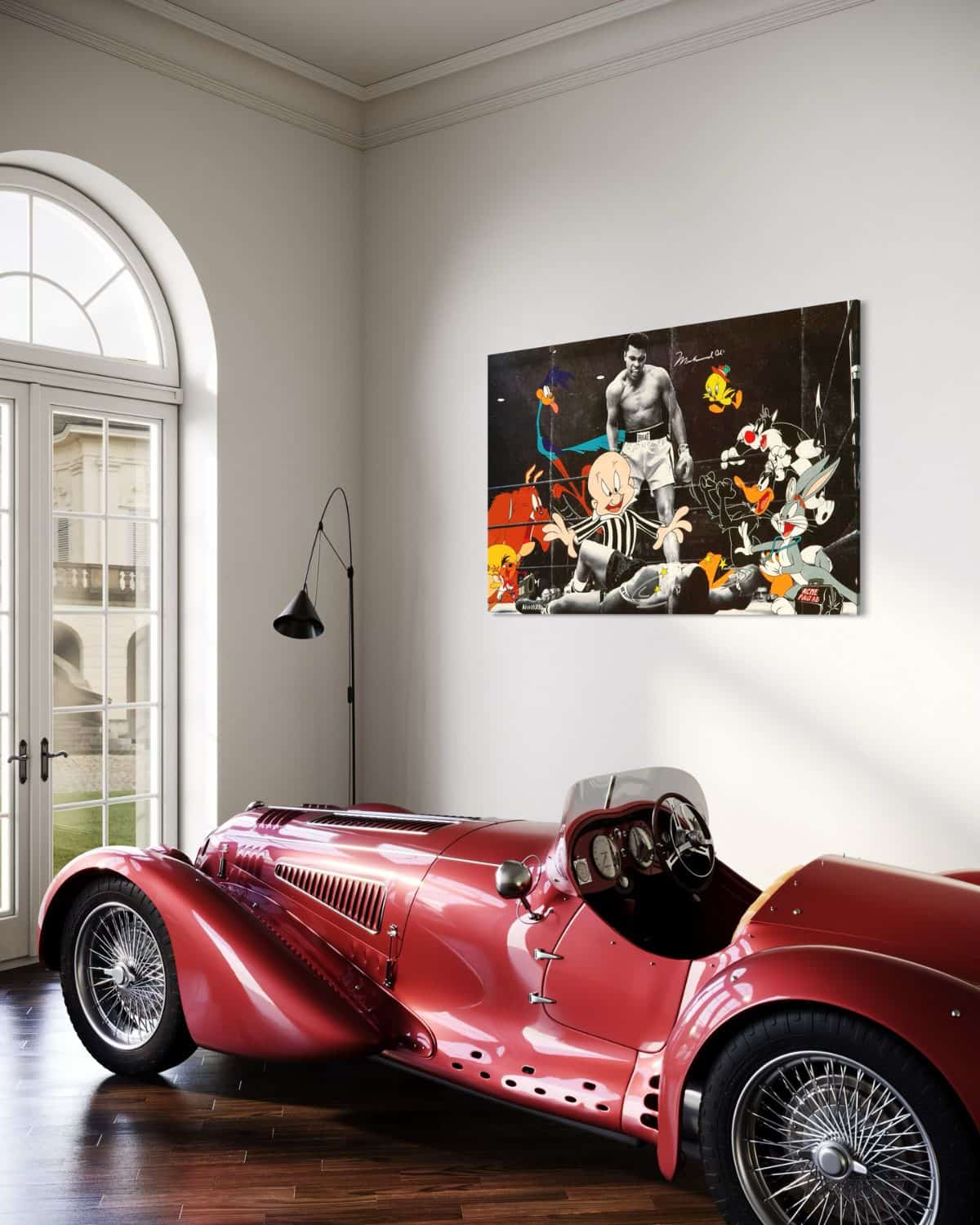 Kleurrijke muurdecoratie met Muhammad Ali en Looney Tunes figuren.