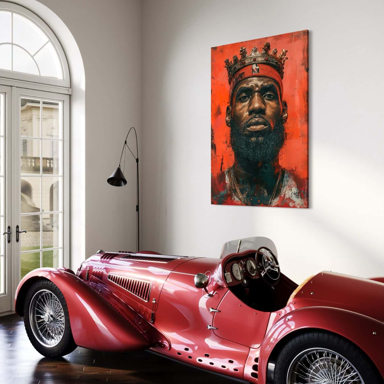 Wanddecoratie van krachtige basketballer met kroon in luxe interieur