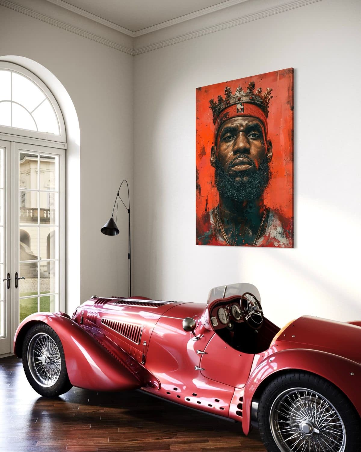 muurdecoratie van lebron james met een kroon op in een luxe woonruimte