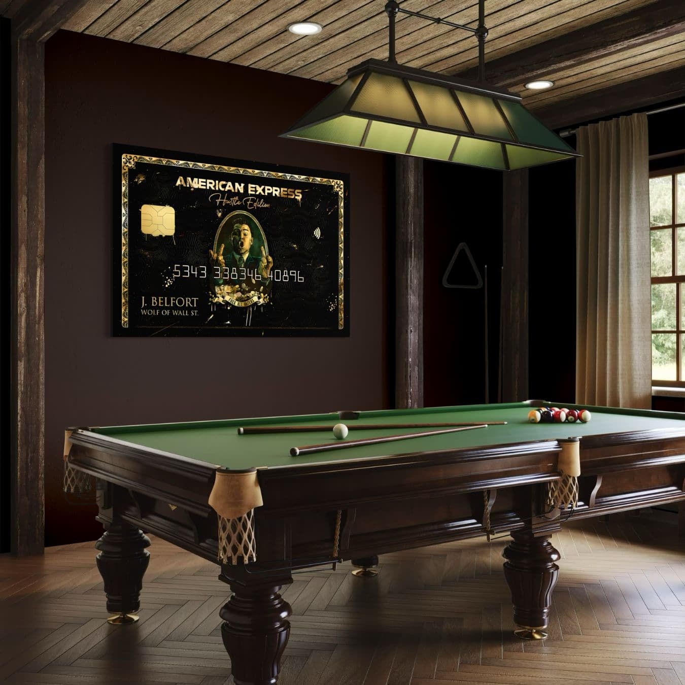 Luxe dibond muurdecoratie met Jordan Belfort en gouden details.