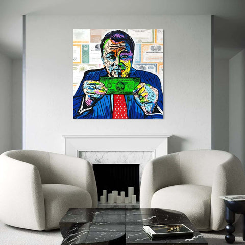 Plexiglas wanddecoratie in felle kleuren met Wall Street thema.