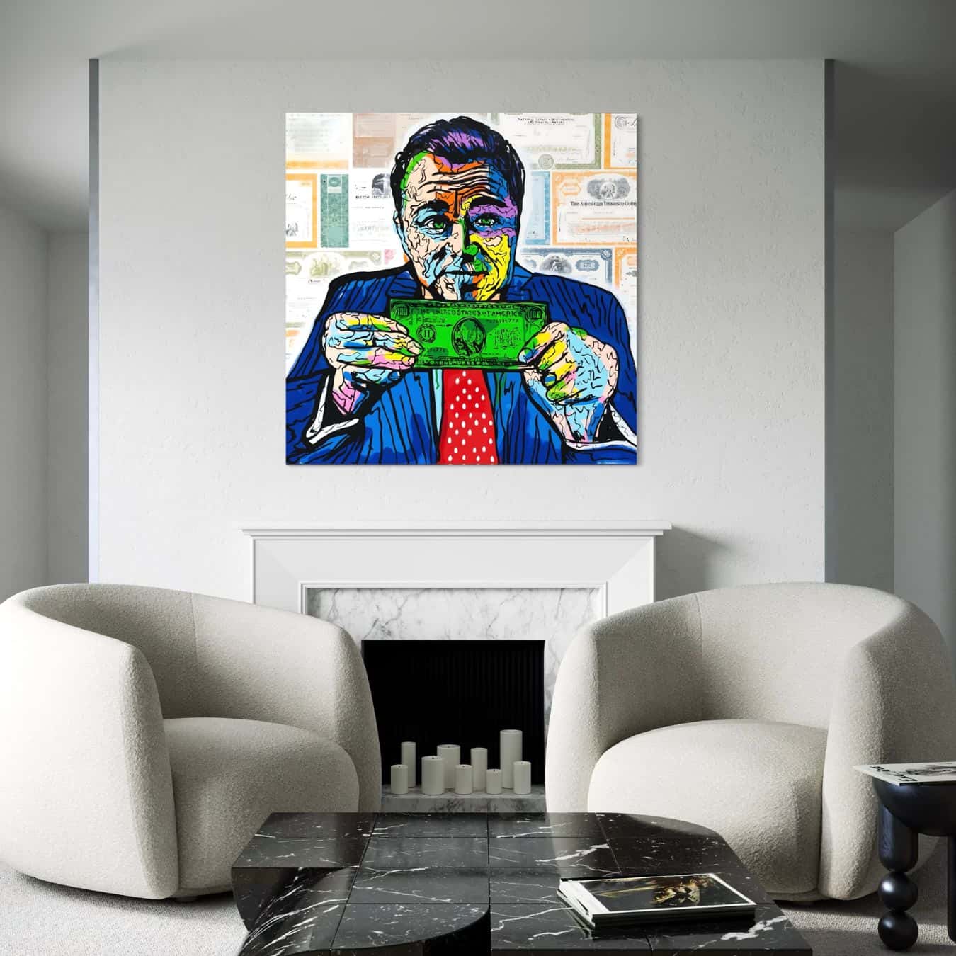 Plexiglas wanddecoratie in felle kleuren met Wall Street thema.