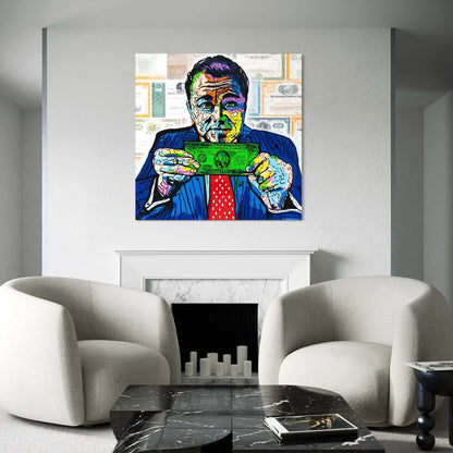 Plexiglas wanddecoratie in felle kleuren met Wall Street thema.