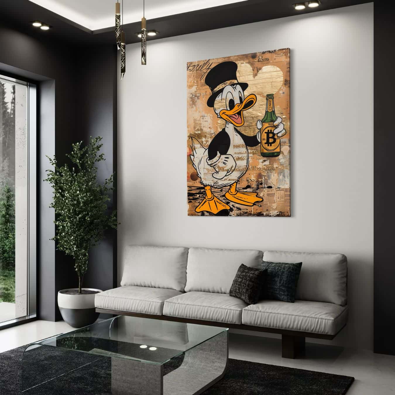 Wanddecoratie van bitcoin eend in moderne lichte woonkamer setting.