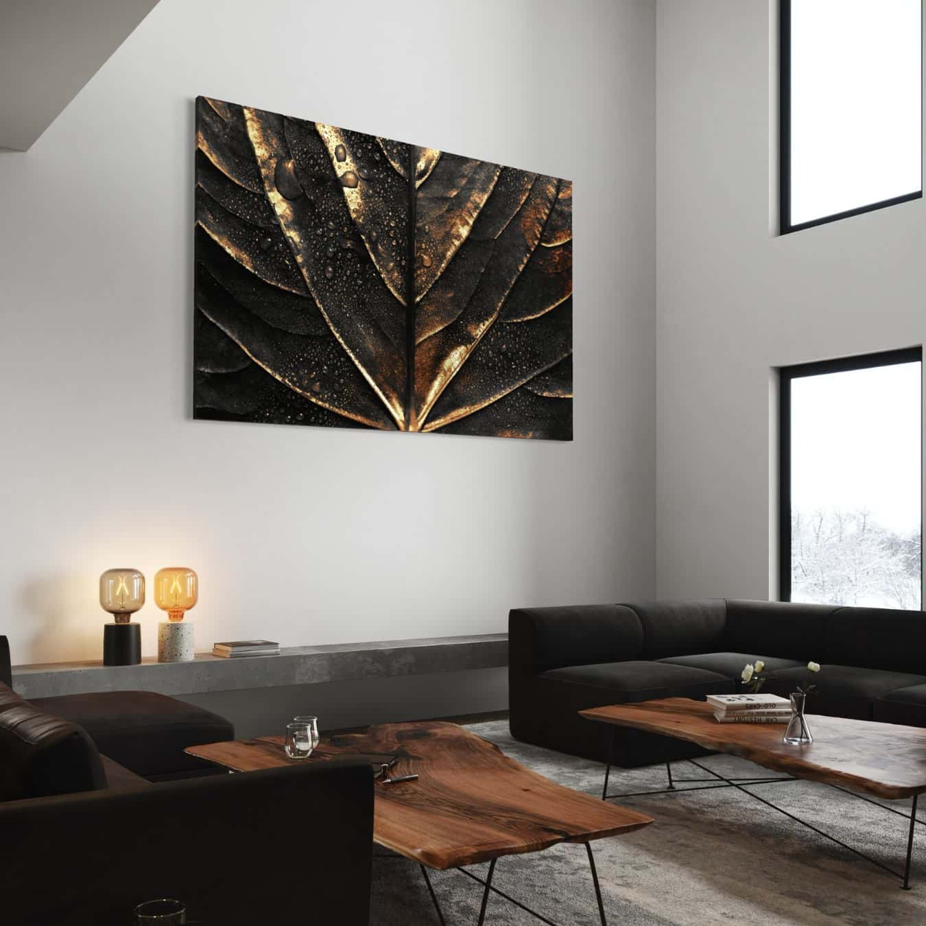 Wanddecoratie met bladstructuur op canvas in een moderne woonkamer.