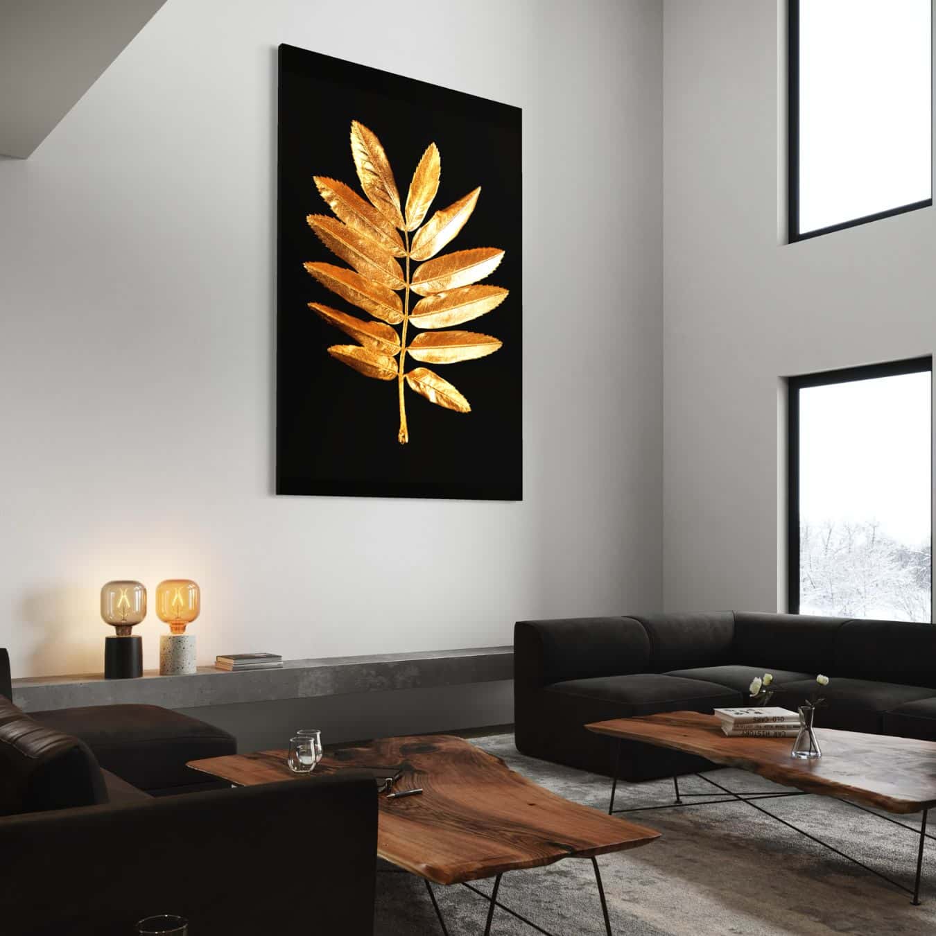 Plexiglas wanddecoratie met gouden blad in ruime moderne woonkamer