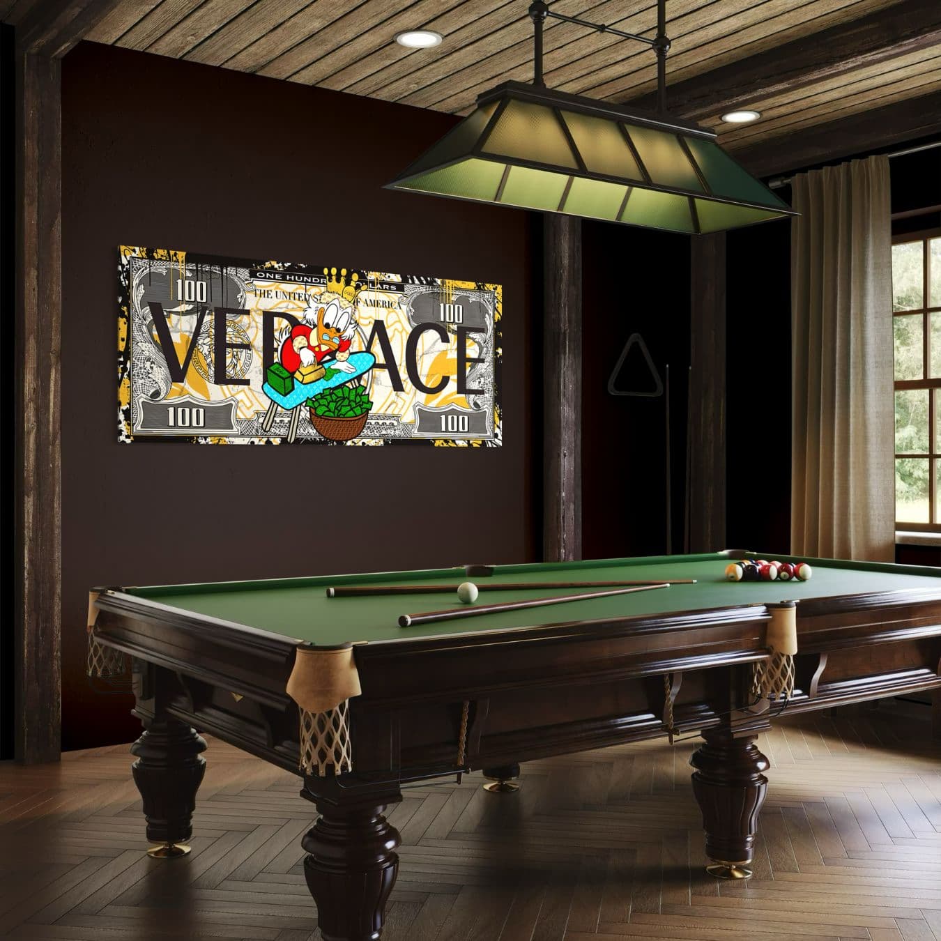Wanddecoratie met cartoon en geldthema als eyecatcher bij biljarttafel