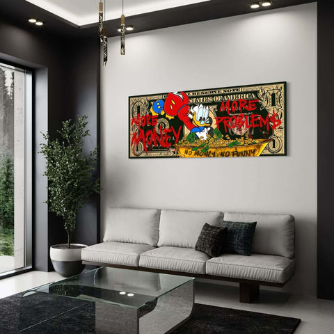 Plexiglas wanddecoratie met cartoon en geldthema in modern interieur