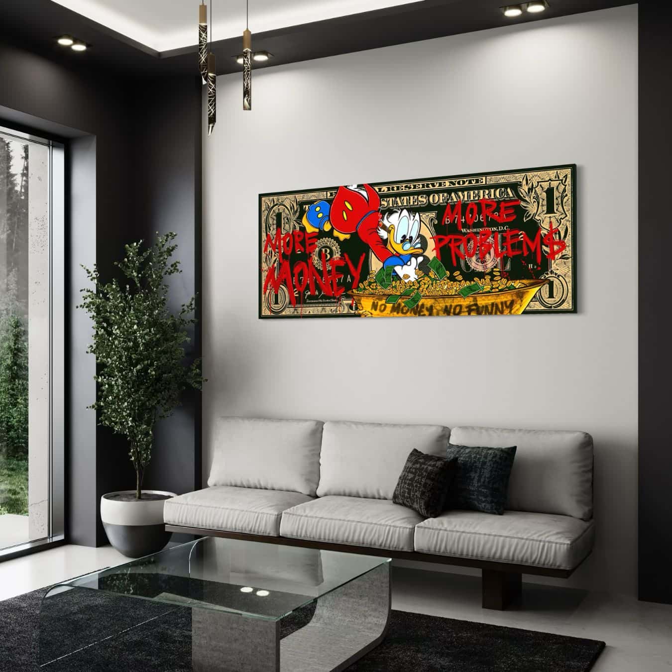 Plexiglas wanddecoratie met cartoon en geldthema in modern interieur