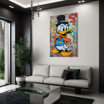 Moderne wanddecoratie van graffiti eend in lichte woonkamer setting.