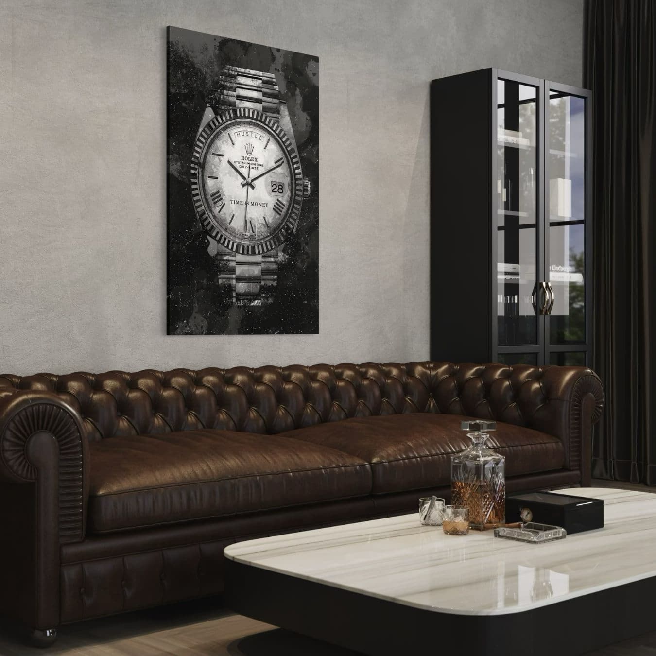 Kunstwerk van luxe horloge boven industriële bank in stoer interieur.